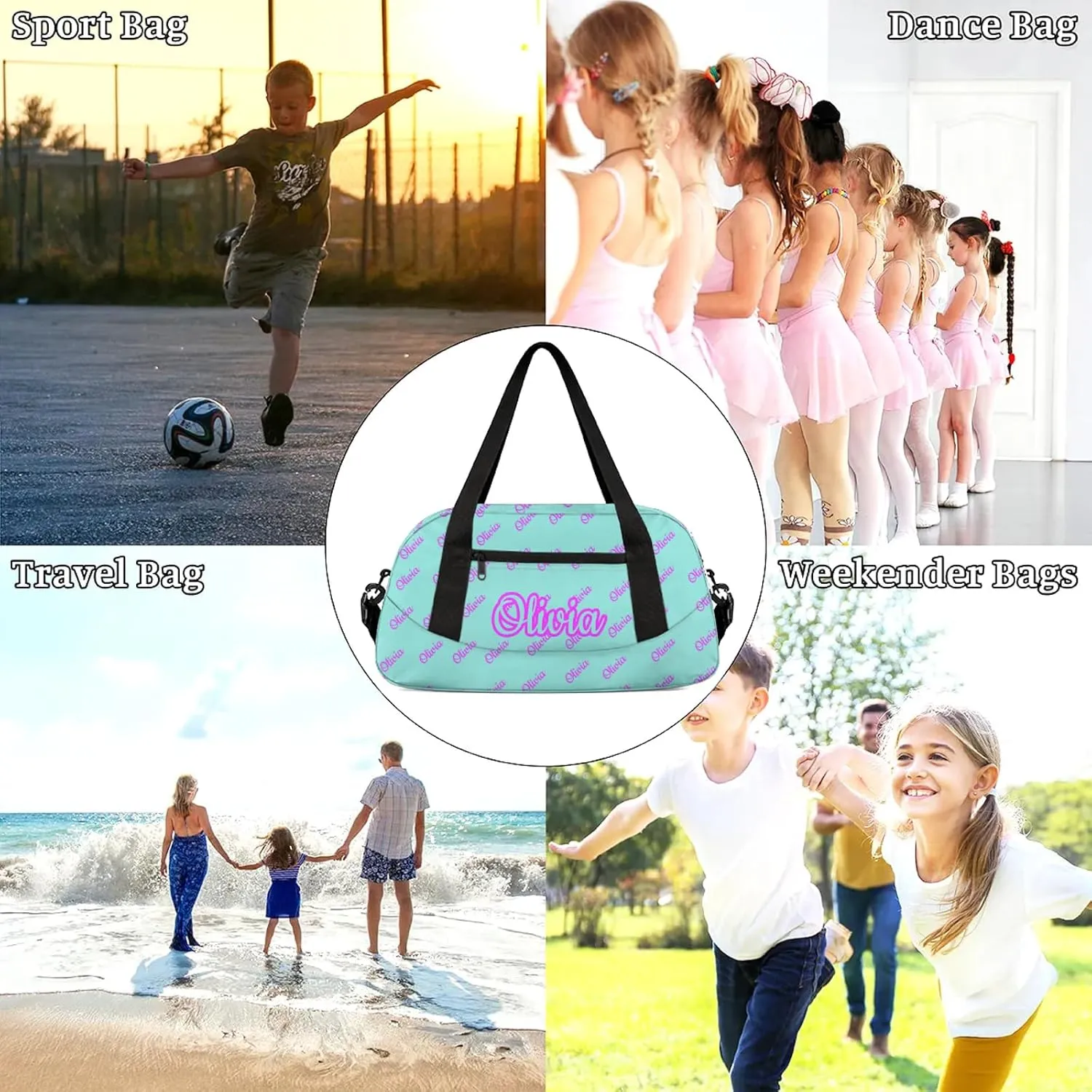 Custom Sport Duffel Bags Personalized Travel Overnight Bag Waterproof Dance Bag Lightweight Carry-On Tote for Women Men 18.5in, Mint Blue