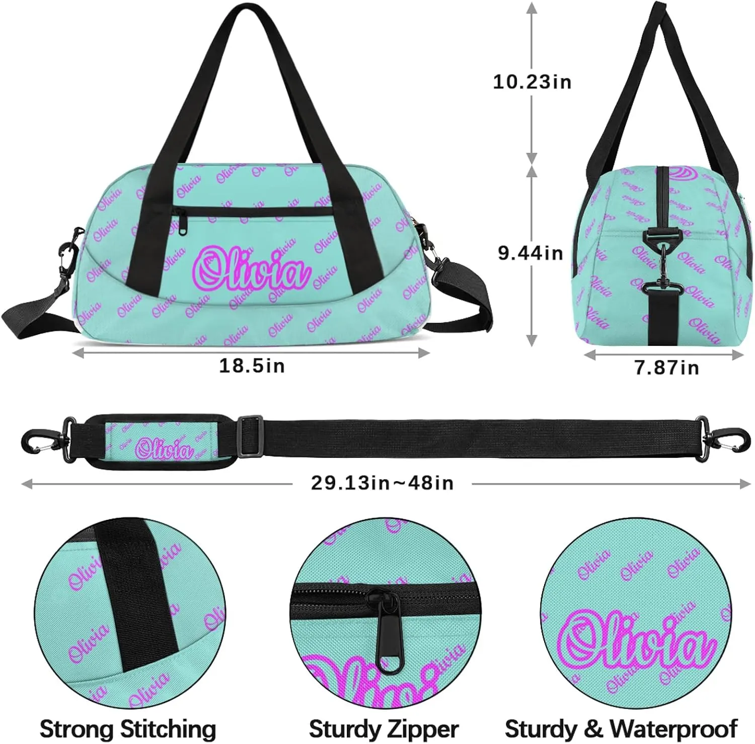 Custom Sport Duffel Bags Personalized Travel Overnight Bag Waterproof Dance Bag Lightweight Carry-On Tote for Women Men 18.5in, Mint Blue