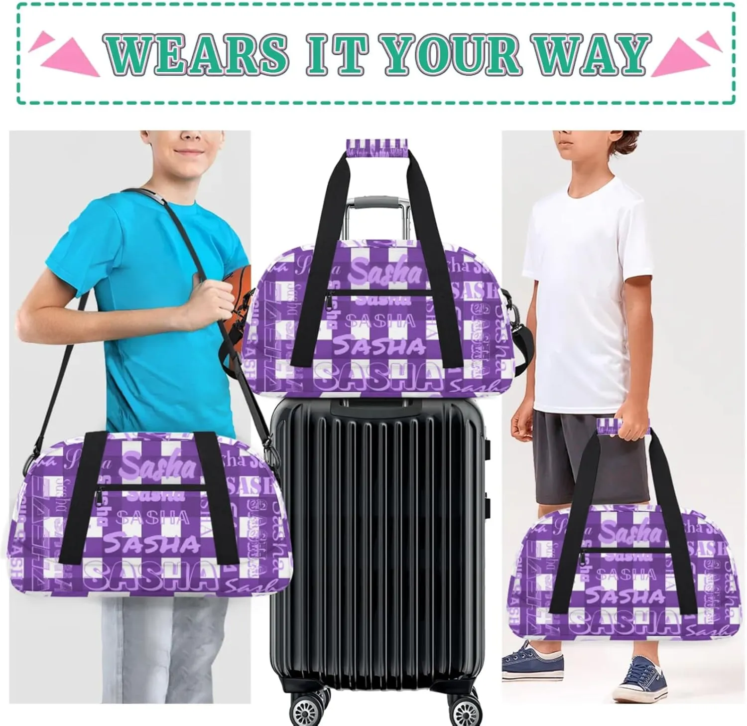 Custom Sports Duffel Bags with Name, Deep Purple Buffalo Check Plaid Personalized Gym Bag Customized Travel Duffle Bag Overnight Carry-On Bag Weekender Bags