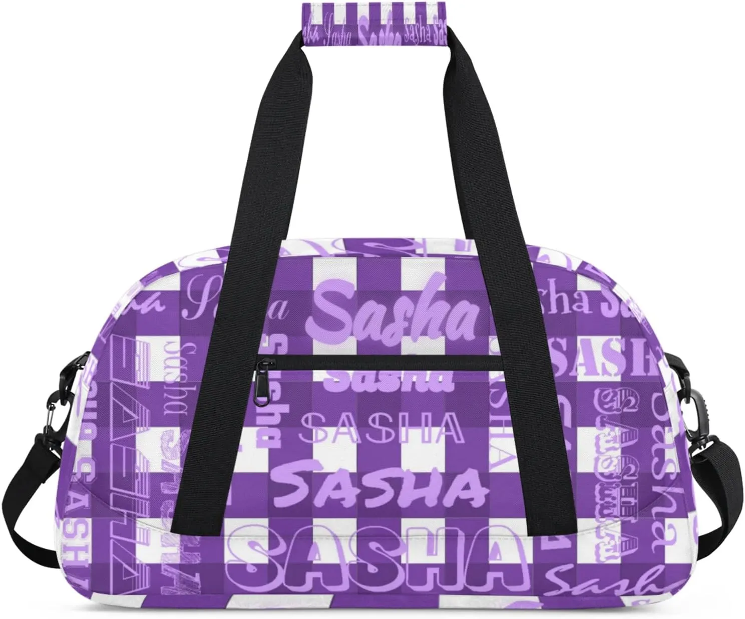Custom Sports Duffel Bags with Name, Deep Purple Buffalo Check Plaid Personalized Gym Bag Customized Travel Duffle Bag Overnight Carry-On Bag Weekender Bags