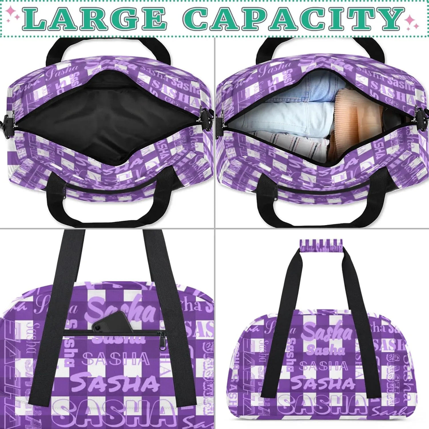 Custom Sports Duffel Bags with Name, Deep Purple Buffalo Check Plaid Personalized Gym Bag Customized Travel Duffle Bag Overnight Carry-On Bag Weekender Bags
