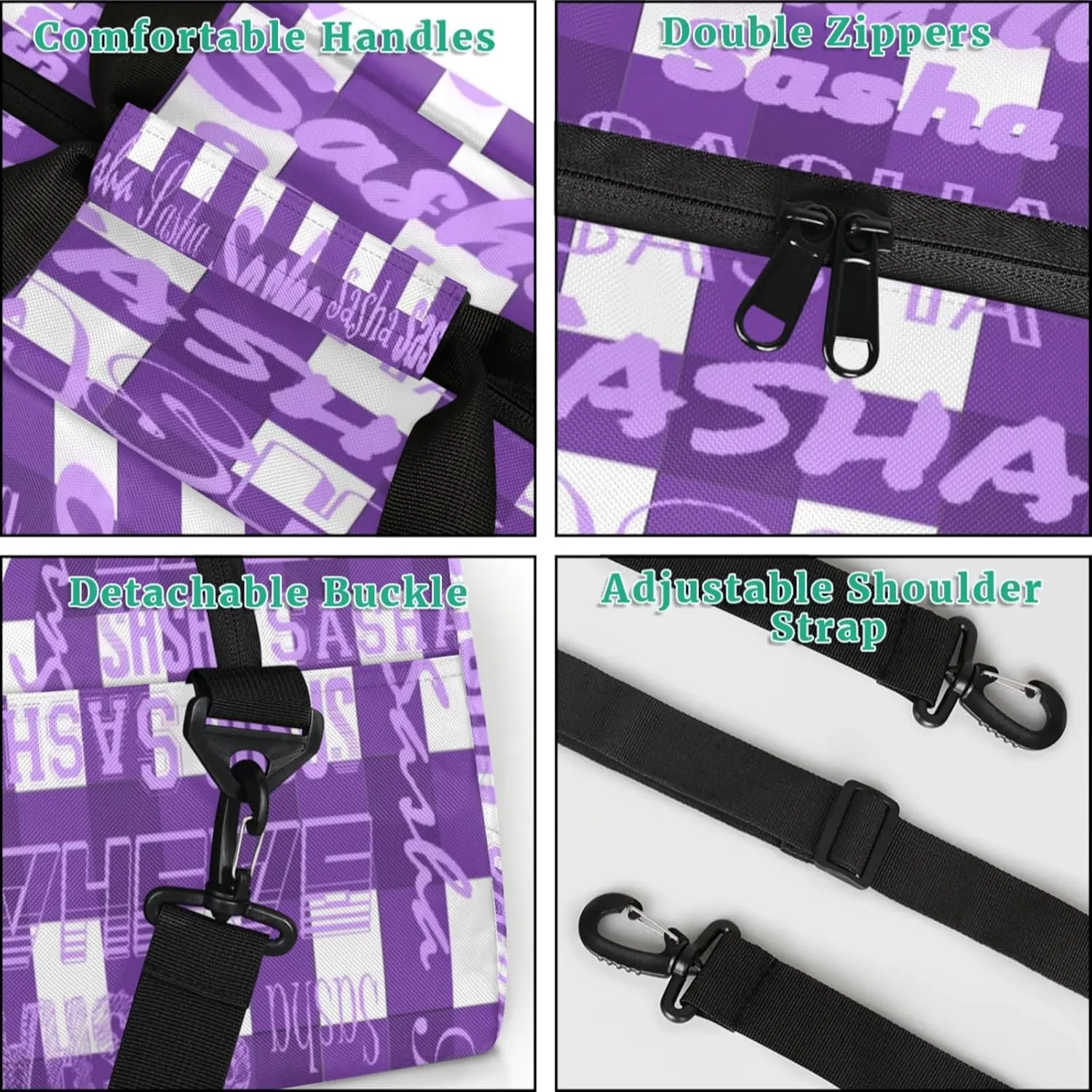 Custom Sports Duffel Bags with Name, Deep Purple Buffalo Check Plaid Personalized Gym Bag Customized Travel Duffle Bag Overnight Carry-On Bag Weekender Bags