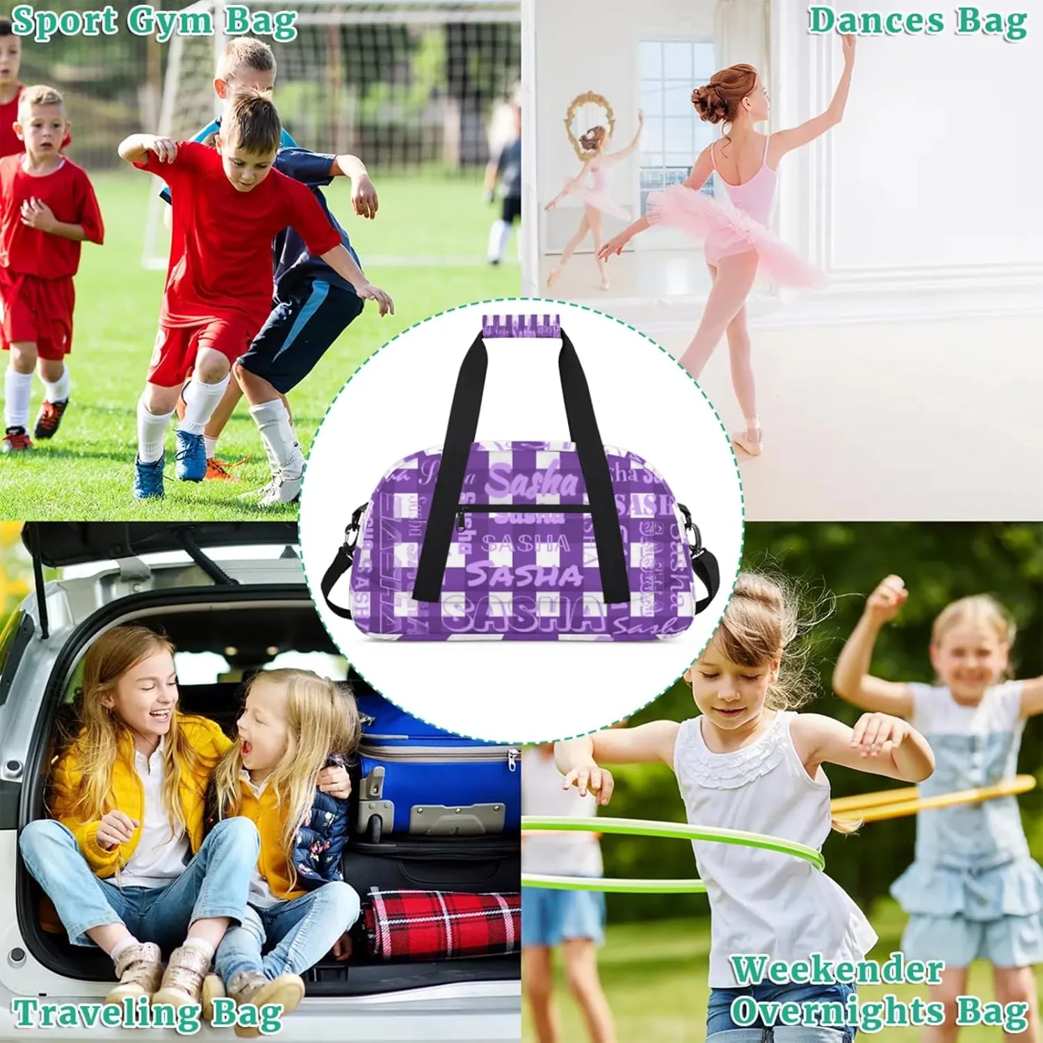 Custom Sports Duffel Bags with Name, Deep Purple Buffalo Check Plaid Personalized Gym Bag Customized Travel Duffle Bag Overnight Carry-On Bag Weekender Bags