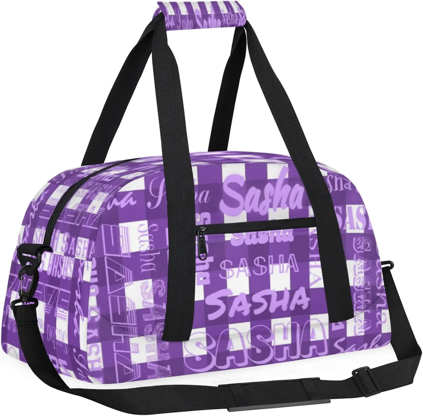 Custom Sports Duffel Bags with Name, Deep Purple Buffalo Check Plaid Personalized Gym Bag Customized Travel Duffle Bag Overnight Carry-On Bag Weekender Bags