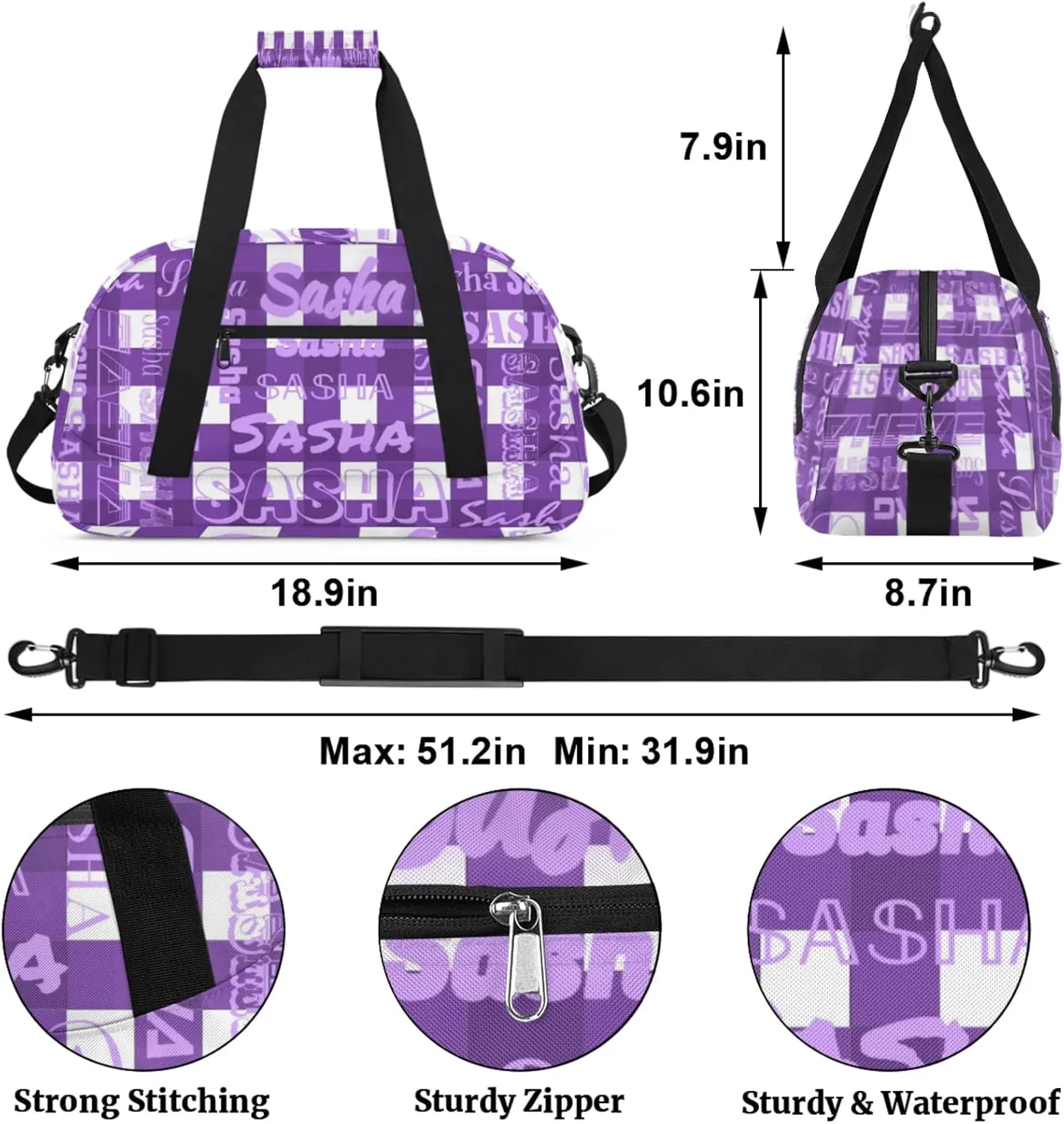Custom Sports Duffel Bags with Name, Deep Purple Buffalo Check Plaid Personalized Gym Bag Customized Travel Duffle Bag Overnight Carry-On Bag Weekender Bags