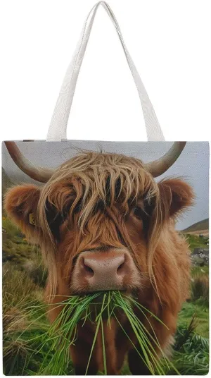Cute Highland Cow Eating Wildlife Canvas Tote Bags Portable Shopping Grocery Bag Shoulder Handbag with Handles