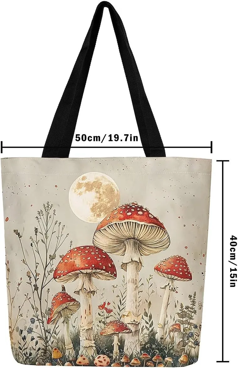 Cute Mushroom Canvas Tote Bag,Hippie Botanical Tote Bag,Yellow Orange Mushrooms Shopping Grocery Bags