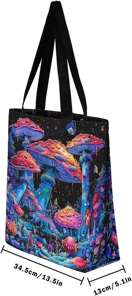 Cute Mushroom Canvas Tote Bag,Hippie Botanical Tote Bag,Yellow Orange Mushrooms Shopping Grocery Bags