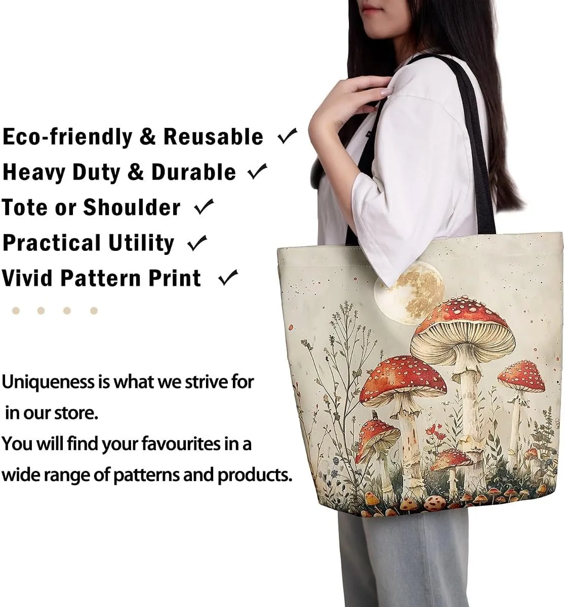 Cute Mushroom Canvas Tote Bag,Hippie Botanical Tote Bag,Yellow Orange Mushrooms Shopping Grocery Bags