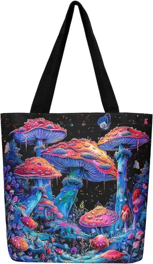 Cute Mushroom Canvas Tote Bag,Hippie Botanical Tote Bag,Yellow Orange Mushrooms Shopping Grocery Bags