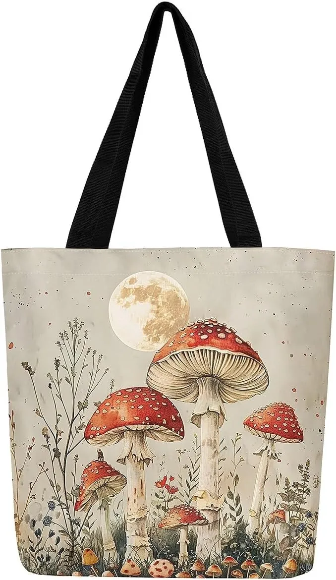 Cute Mushroom Canvas Tote Bag,Hippie Botanical Tote Bag,Yellow Orange Mushrooms Shopping Grocery Bags