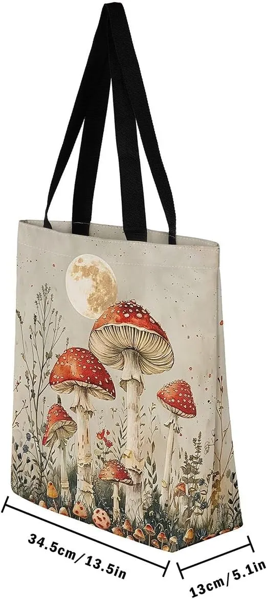 Cute Mushroom Canvas Tote Bag,Hippie Botanical Tote Bag,Yellow Orange Mushrooms Shopping Grocery Bags