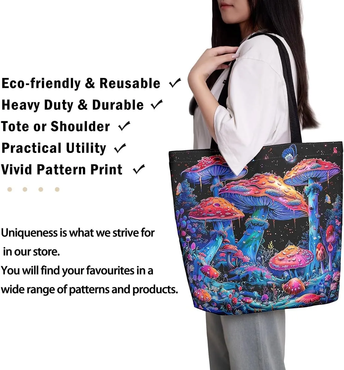 Cute Mushroom Canvas Tote Bag,Hippie Botanical Tote Bag,Yellow Orange Mushrooms Shopping Grocery Bags