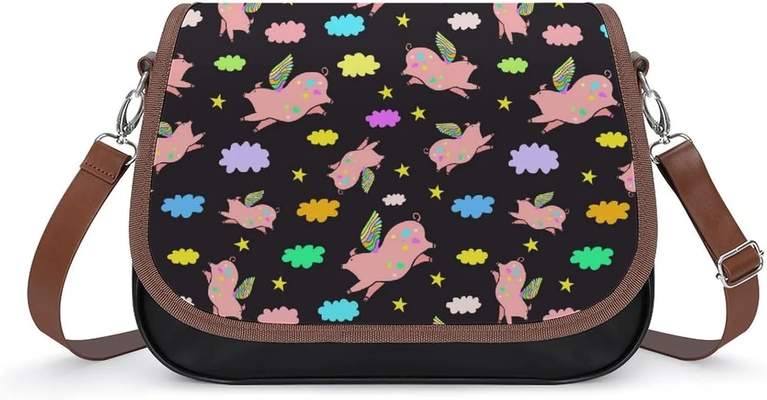 Cute Pigs Flying Cute Crossbody Purses for Women Leather Shoulder Bag Adjustable Shoulder Strap Handbag