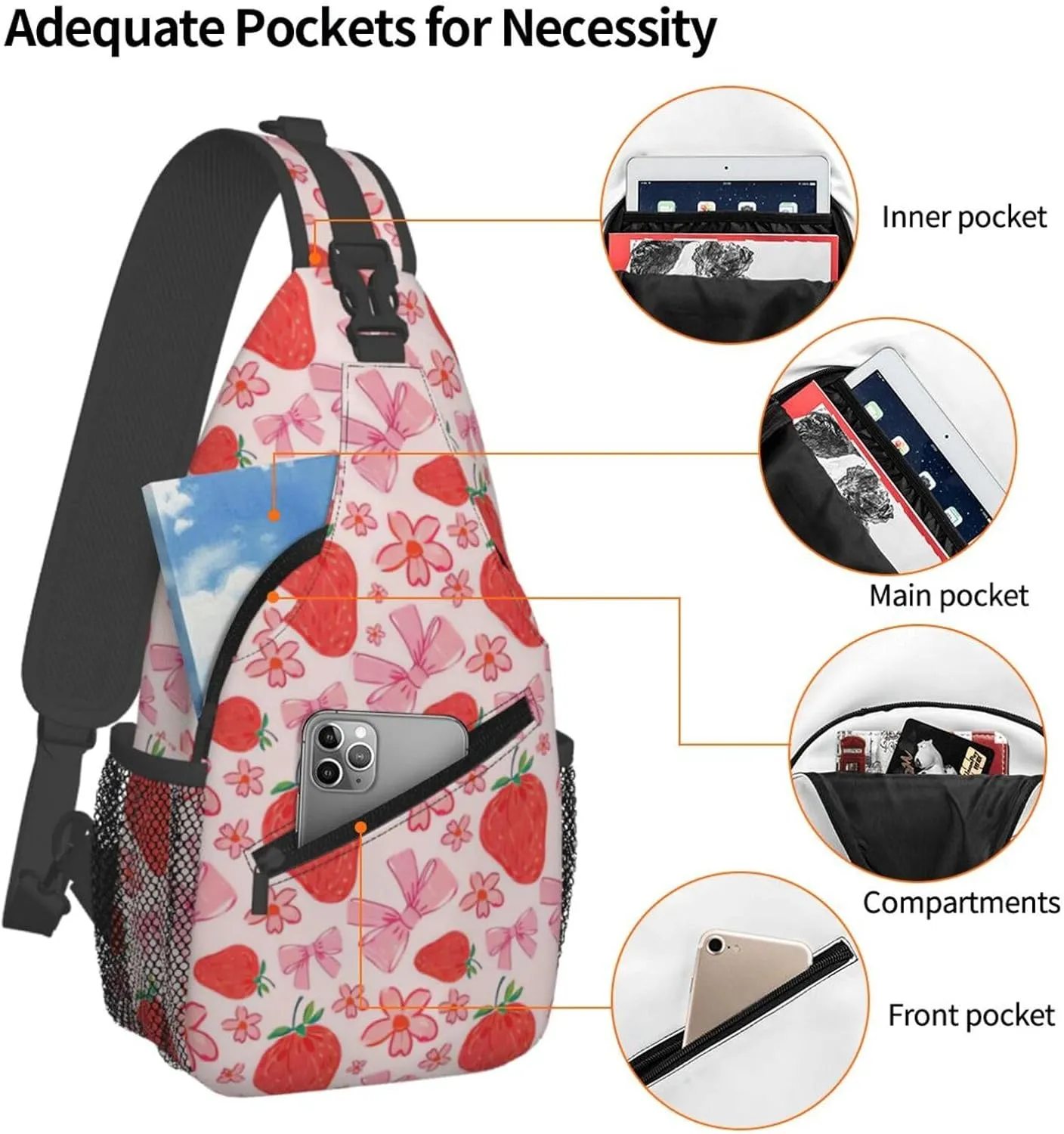 Cute Strawberry Print Sling Bags Crossbody Daypack Hiking Shoulder Strawberry Backpack for Women Men Travel Bag