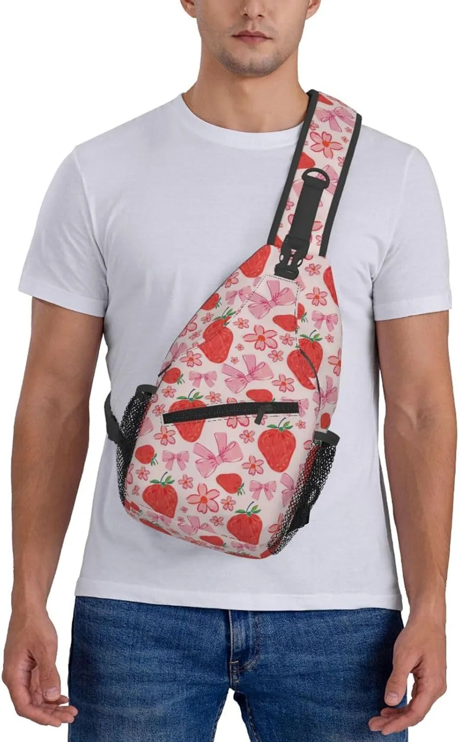 Cute Strawberry Print Sling Bags Crossbody Daypack Hiking Shoulder Strawberry Backpack for Women Men Travel Bag