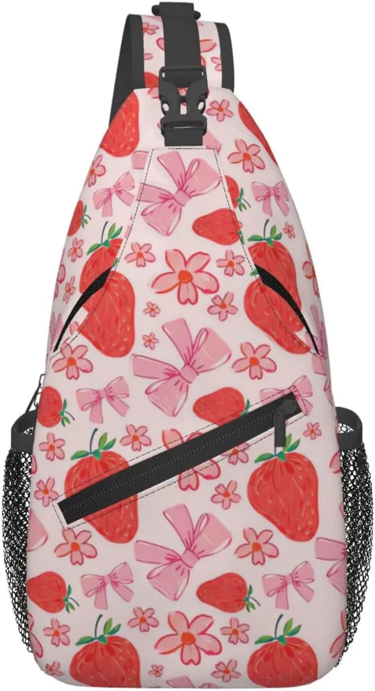 Cute Strawberry Print Sling Bags Crossbody Daypack Hiking Shoulder Strawberry Backpack for Women Men Travel Bag