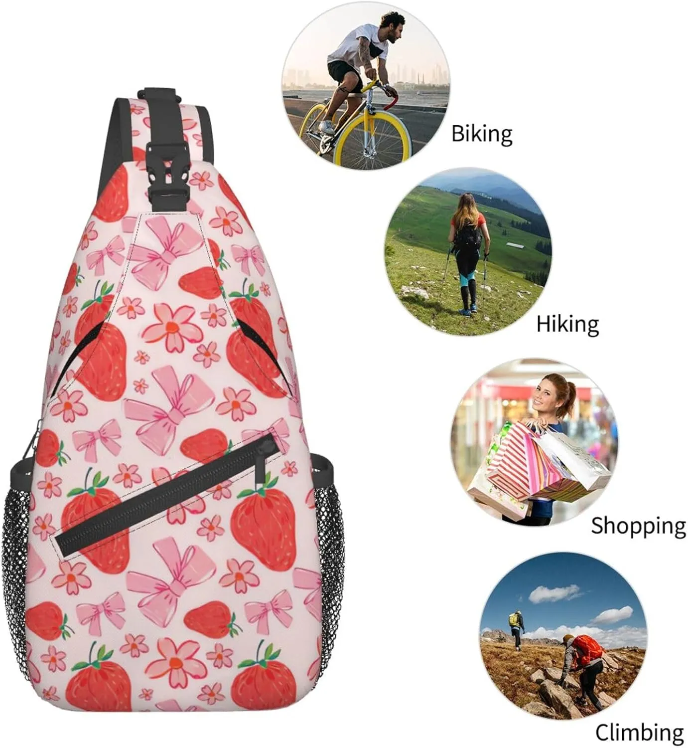 Cute Strawberry Print Sling Bags Crossbody Daypack Hiking Shoulder Strawberry Backpack for Women Men Travel Bag