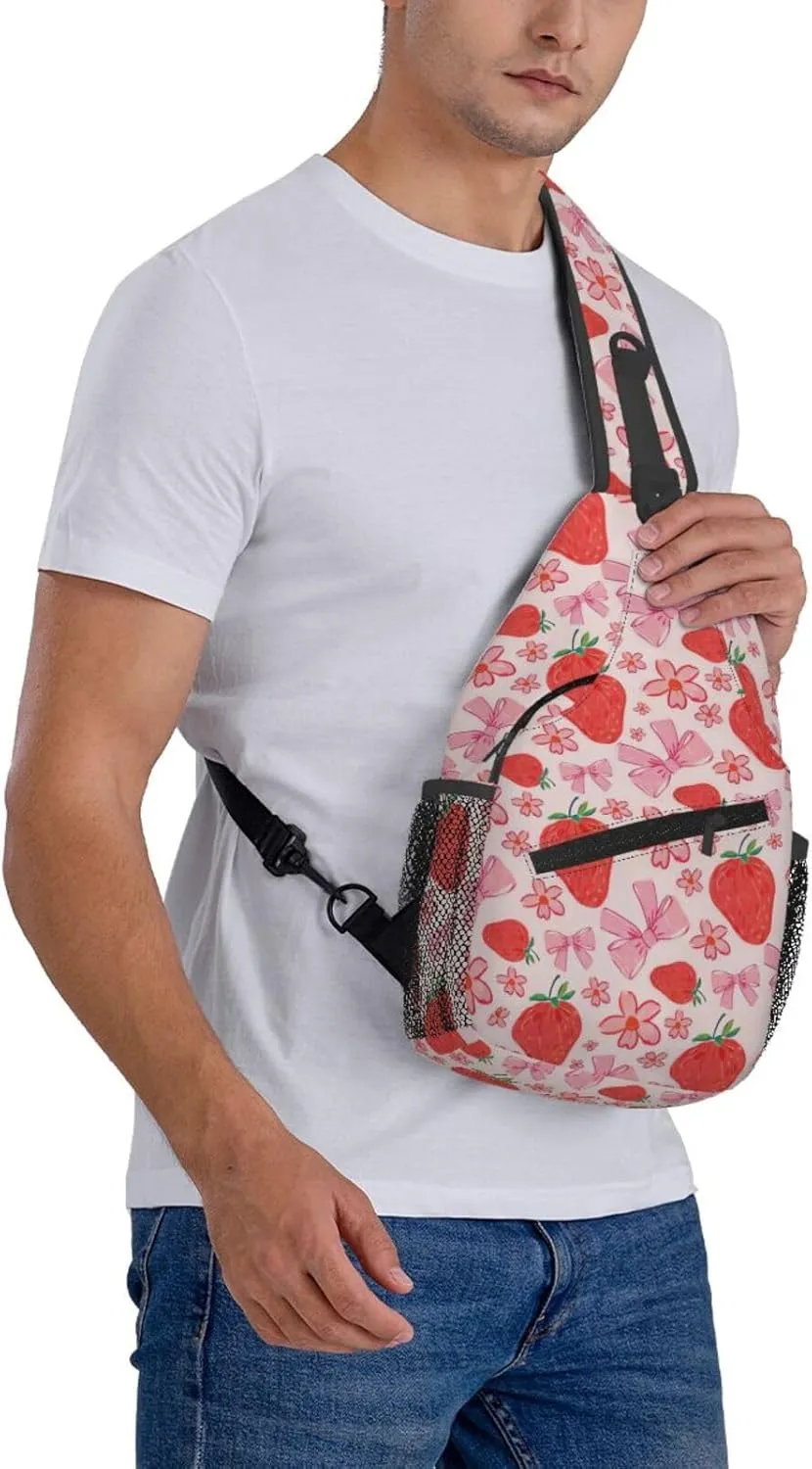 Cute Strawberry Print Sling Bags Crossbody Daypack Hiking Shoulder Strawberry Backpack for Women Men Travel Bag