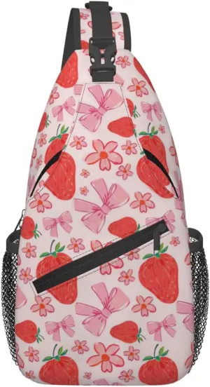 Cute Strawberry Print Sling Bags Crossbody Daypack Hiking Shoulder Strawberry Backpack for Women Men Travel Bag
