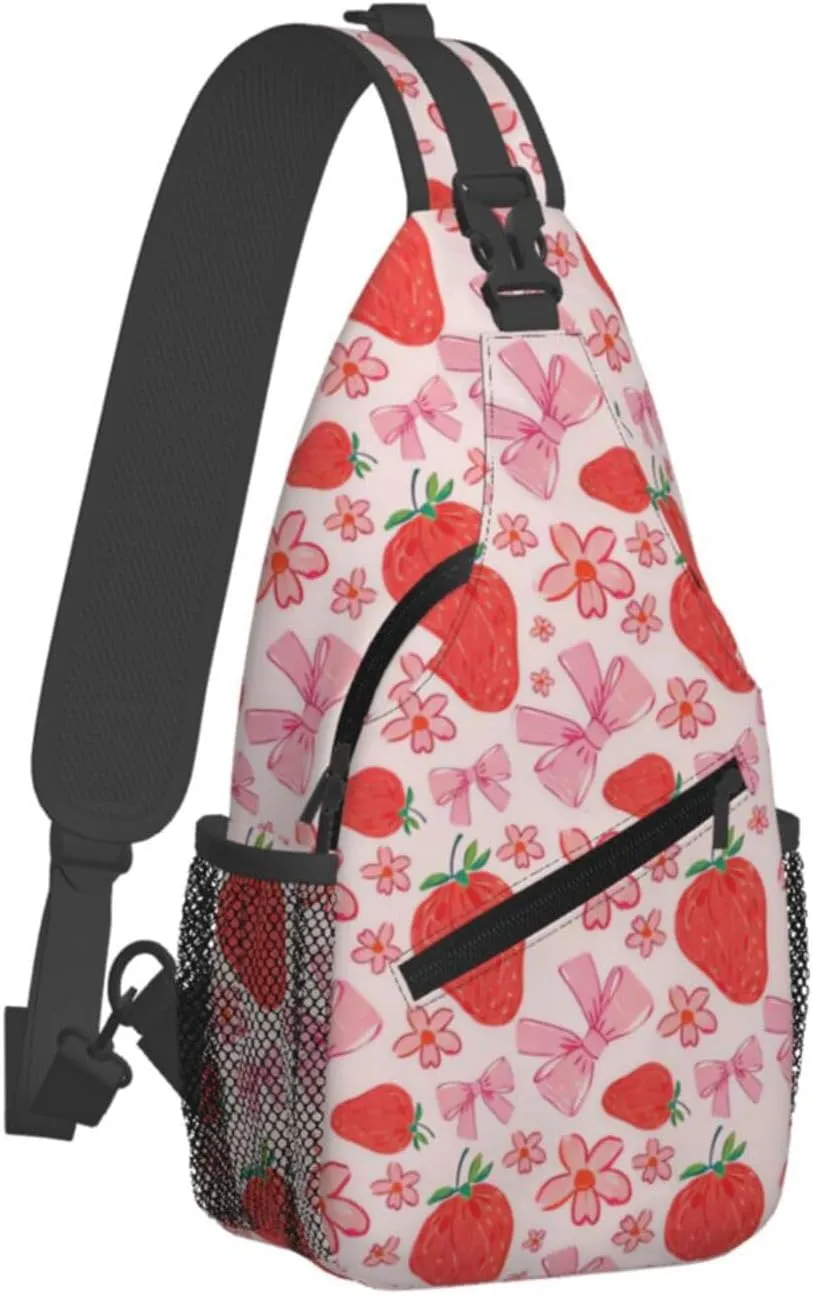 Cute Strawberry Print Sling Bags Crossbody Daypack Hiking Shoulder Strawberry Backpack for Women Men Travel Bag