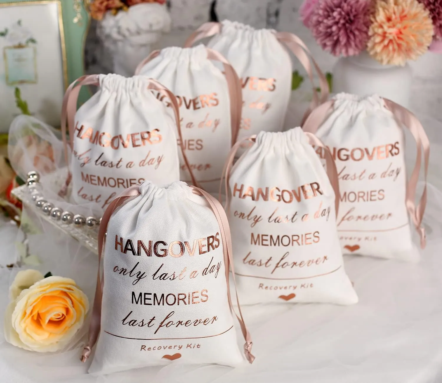 Cytdkve Rose Gold Foiled Hangover Favor Bag Bachelorette Party Favor Bag, Wedding Survival Kit Bags Bride Bridesmaid Gift Bags for Wedding Bridal Shower Party (10 Pieces, White, 5 x 7 Inch)