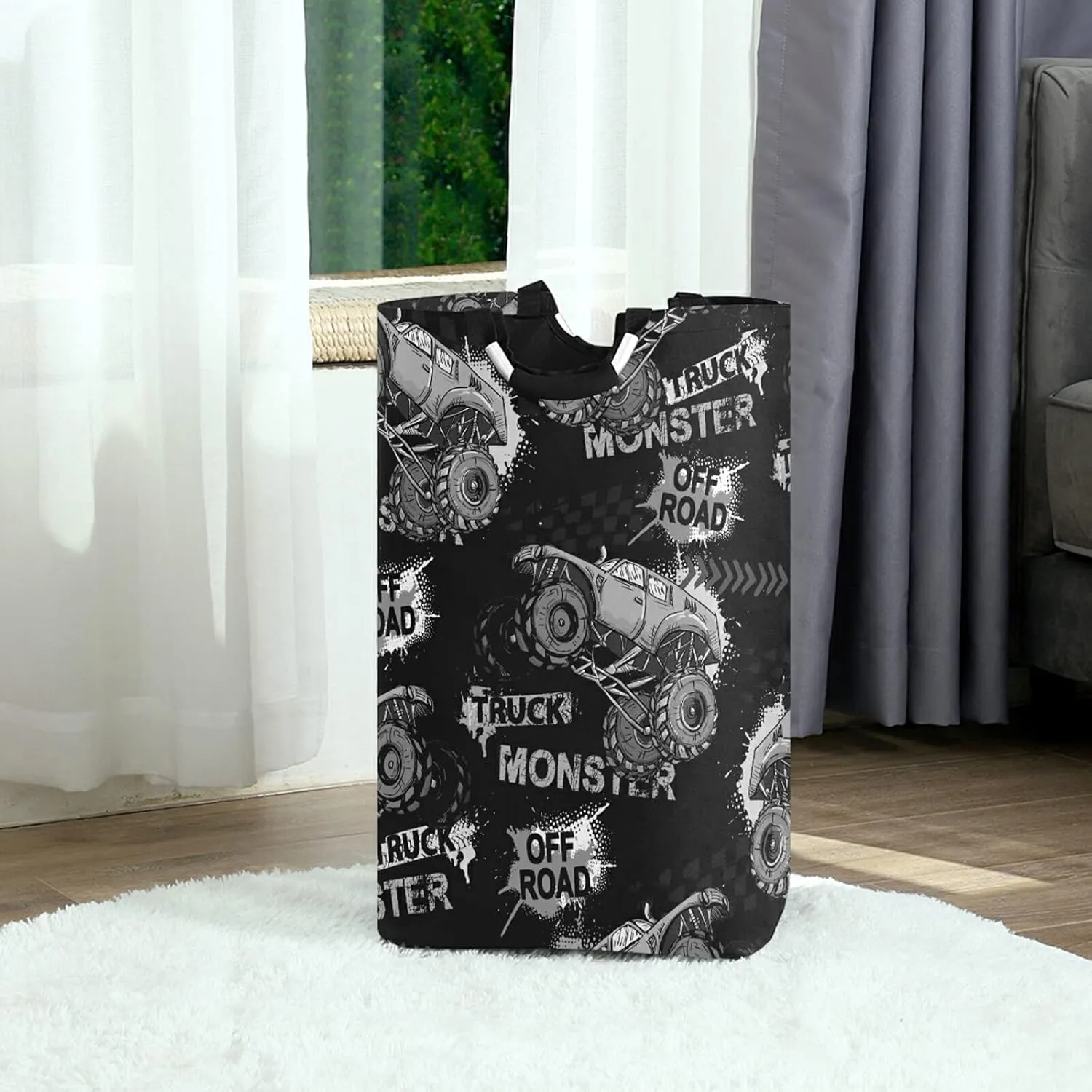Dark Grey Truck Car, Trace of Tire, Drive and Speed on Black Dark Laundry Hamper Basket Bucket, Foldable Dirty Clothes Bag, Waterproof Fabric Washing Bin, Toy Storage with Handles for Bathroom