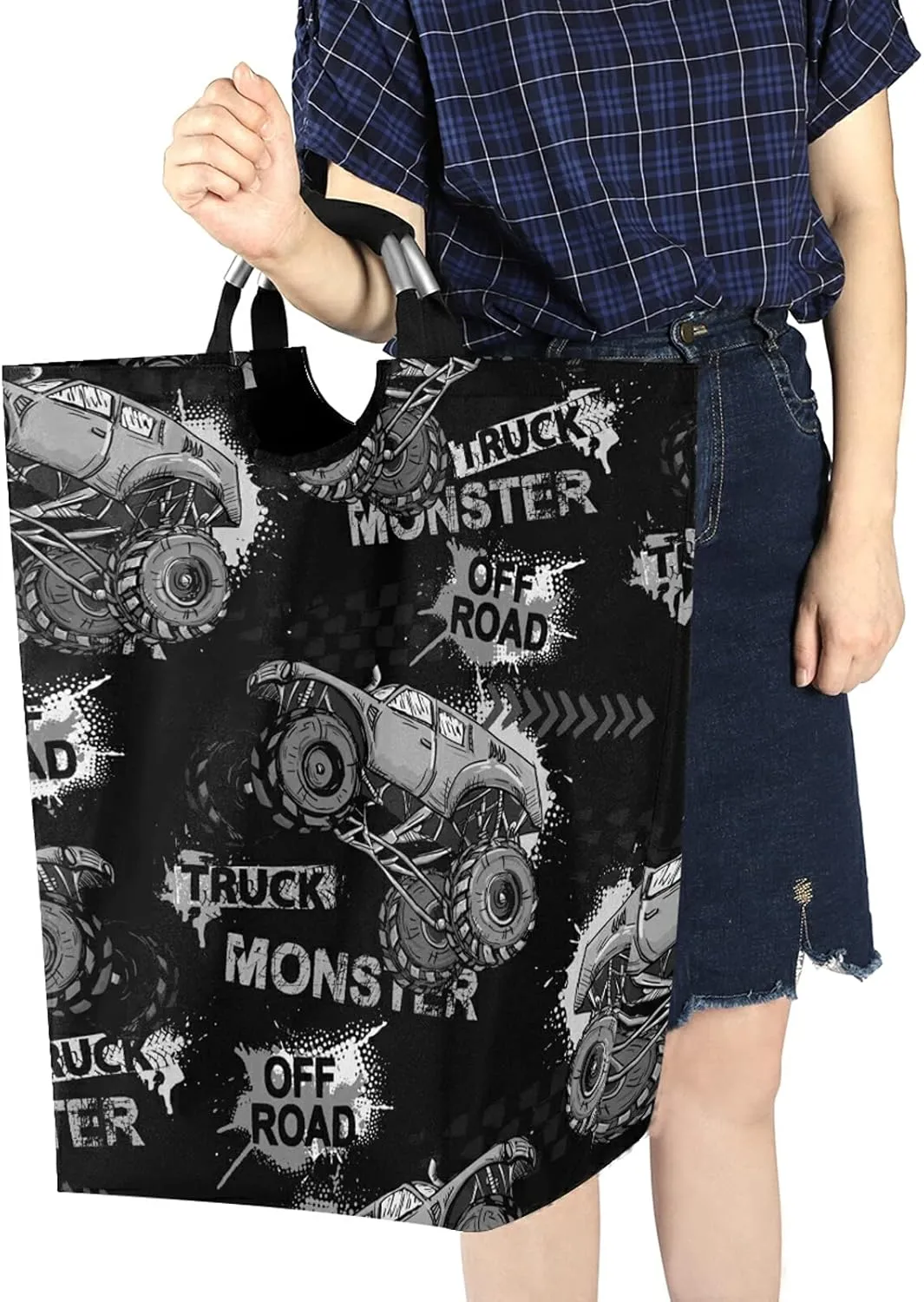 Dark Grey Truck Car, Trace of Tire, Drive and Speed on Black Dark Laundry Hamper Basket Bucket, Foldable Dirty Clothes Bag, Waterproof Fabric Washing Bin, Toy Storage with Handles for Bathroom