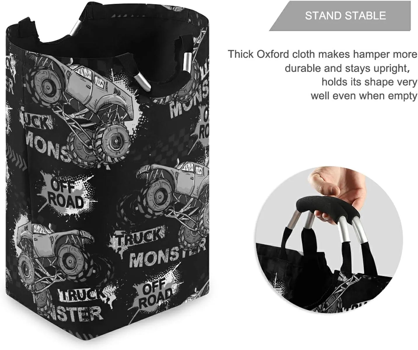 Dark Grey Truck Car, Trace of Tire, Drive and Speed on Black Dark Laundry Hamper Basket Bucket, Foldable Dirty Clothes Bag, Waterproof Fabric Washing Bin, Toy Storage with Handles for Bathroom