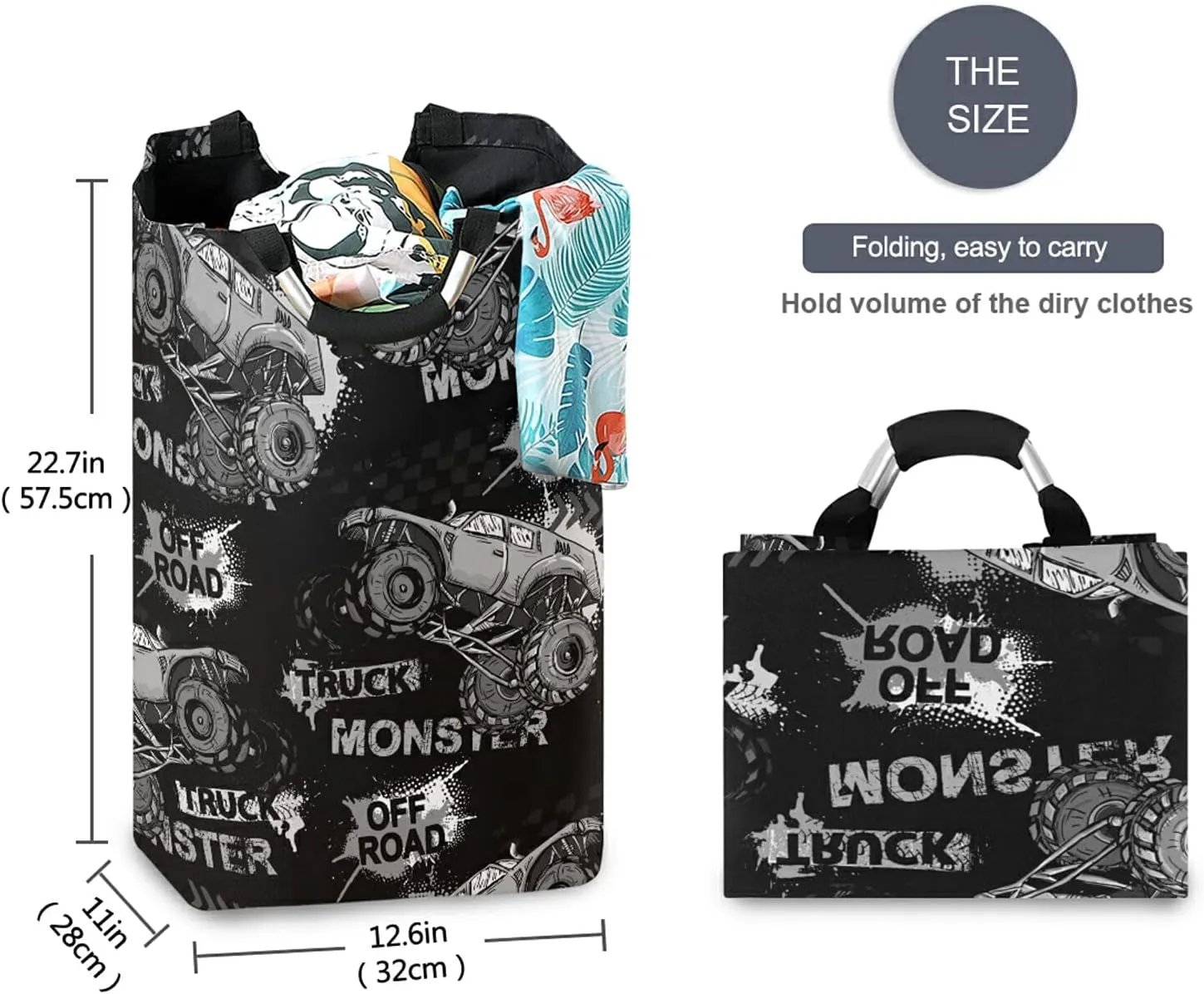Dark Grey Truck Car, Trace of Tire, Drive and Speed on Black Dark Laundry Hamper Basket Bucket, Foldable Dirty Clothes Bag, Waterproof Fabric Washing Bin, Toy Storage with Handles for Bathroom