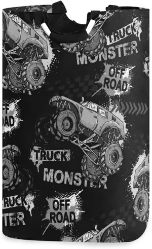 Dark Grey Truck Car, Trace of Tire, Drive and Speed on Black Dark Laundry Hamper Basket Bucket, Foldable Dirty Clothes Bag, Waterproof Fabric Washing Bin, Toy Storage with Handles for Bathroom