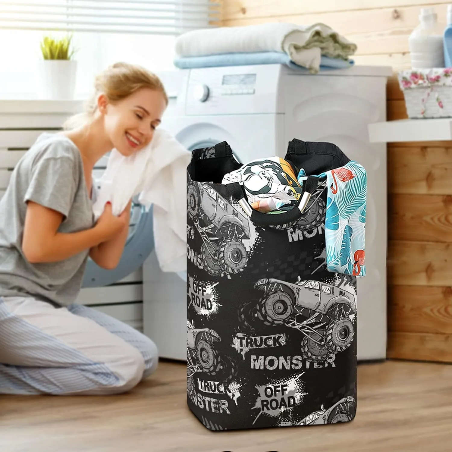 Dark Grey Truck Car, Trace of Tire, Drive and Speed on Black Dark Laundry Hamper Basket Bucket, Foldable Dirty Clothes Bag, Waterproof Fabric Washing Bin, Toy Storage with Handles for Bathroom