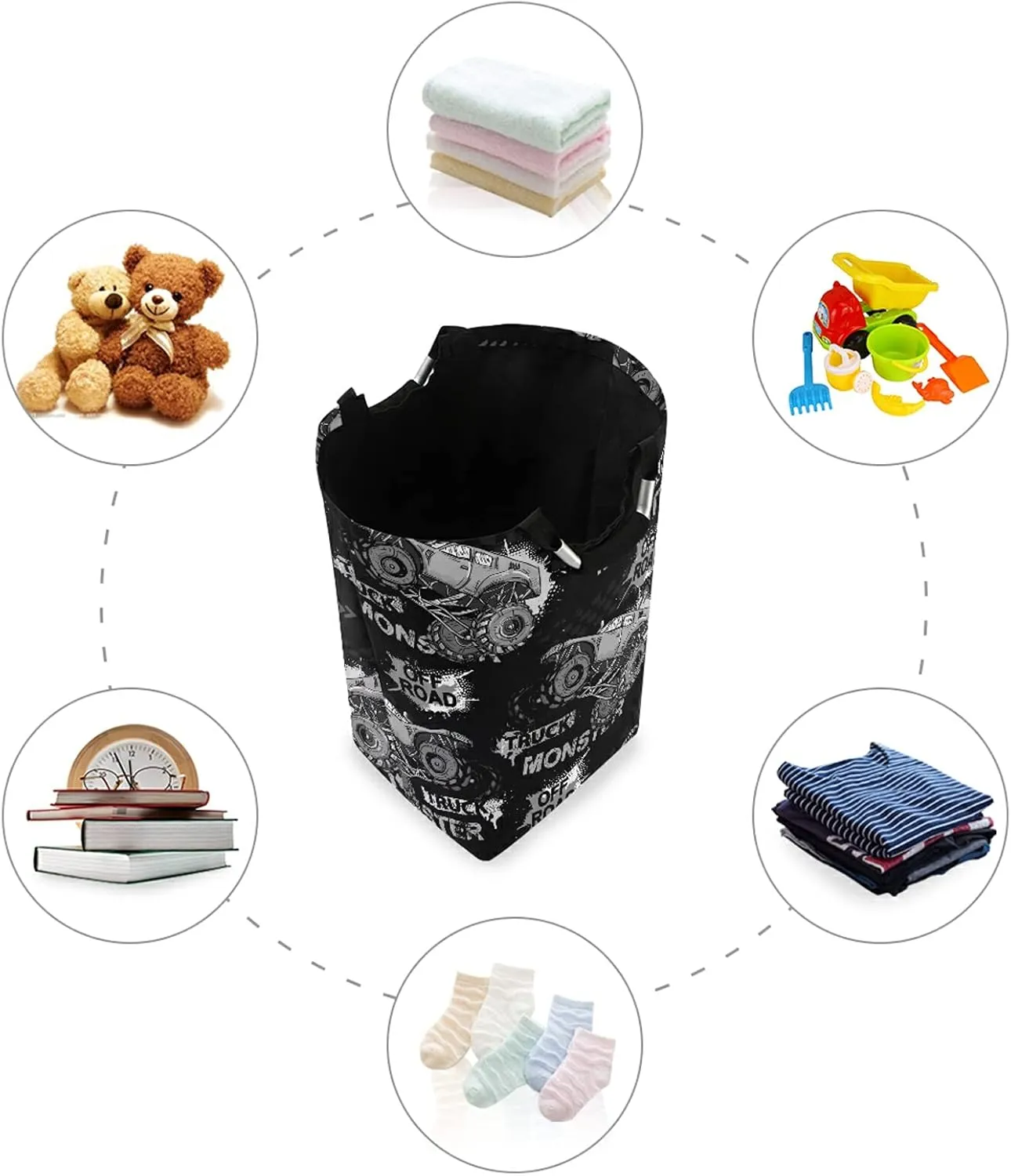 Dark Grey Truck Car, Trace of Tire, Drive and Speed on Black Dark Laundry Hamper Basket Bucket, Foldable Dirty Clothes Bag, Waterproof Fabric Washing Bin, Toy Storage with Handles for Bathroom