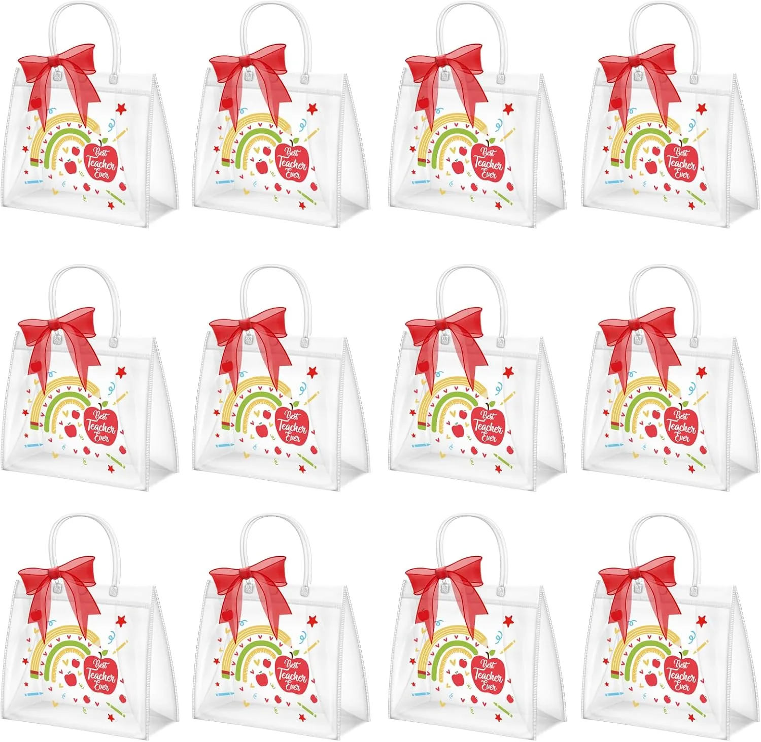 Demonwer 12 Pcs Teacher Appreciation Gift Bags with Handles 6.3 x 6.3 x 4.3'' Cute Clear Teacher Gifts Bag with Red Bow Ribbon Reusable Gift Bags for Graduation Teacher Day Supplies