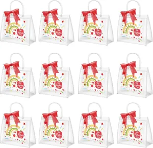 Demonwer 12 Pcs Teacher Appreciation Gift Bags with Handles 6.3 x 6.3 x 4.3'' Cute Clear Teacher Gifts Bag with Red Bow Ribbon Reusable Gift Bags for Graduation Teacher Day Supplies