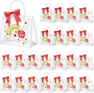 Demonwer 24 Pcs Teacher Appreciation Gift Bags with Handles 6.3 x 6.3 x 4.3'' Cute Clear Teacher Gifts Bag with Red Bow Ribbon Reusable Gift Bags for Graduation Teacher Day Supplies