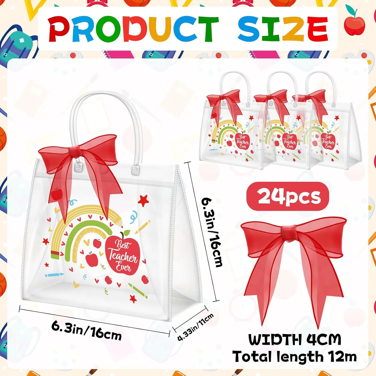 Demonwer 24 Pcs Teacher Appreciation Gift Bags with Handles 6.3 x 6.3 x 4.3'' Cute Clear Teacher Gifts Bag with Red Bow Ribbon Reusable Gift Bags for Graduation Teacher Day Supplies
