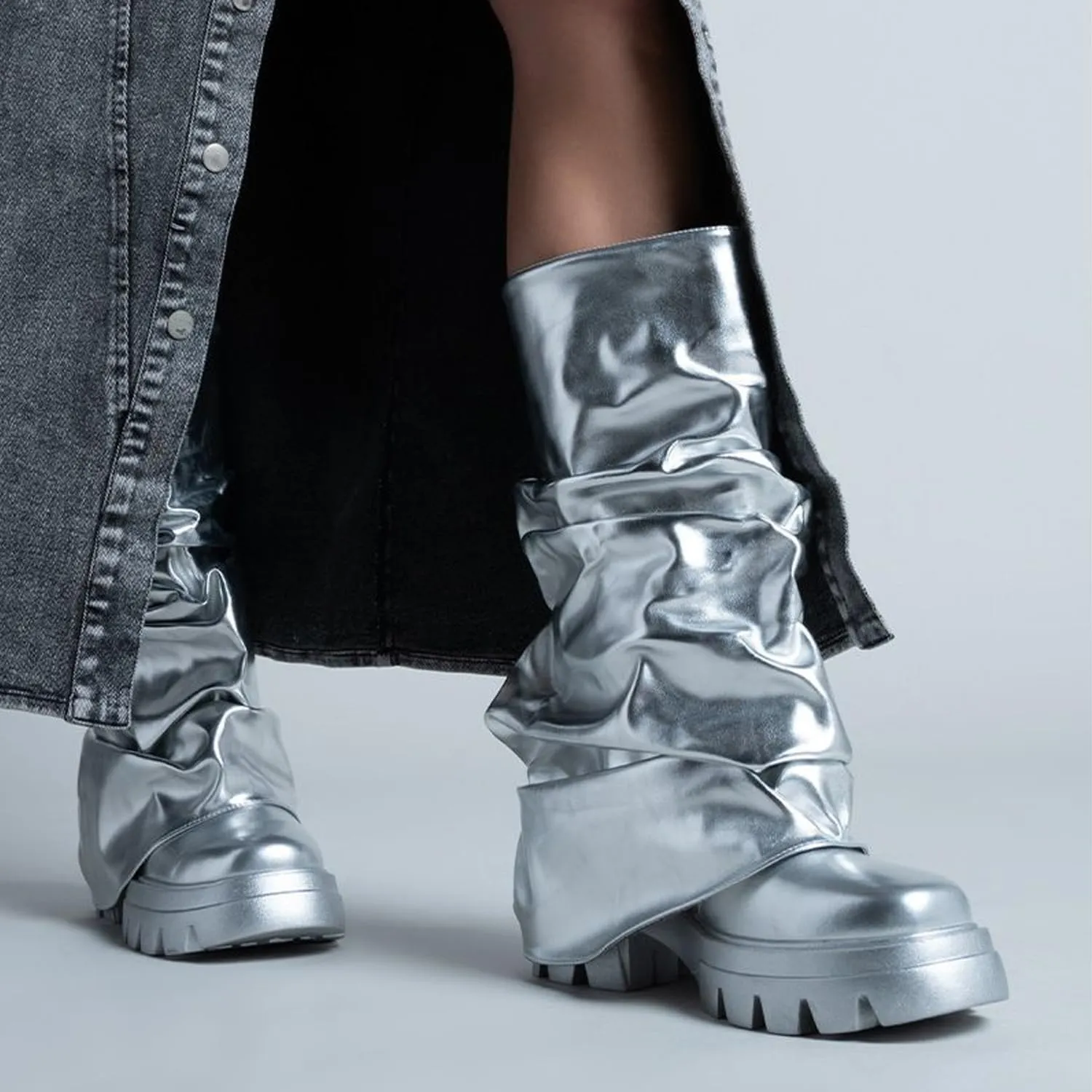DETOGNI Women's Metallic Mid Calf Pull-On Fit Boots Scrunched Foldover Chunky Platform Sole Rounded Toe Booties