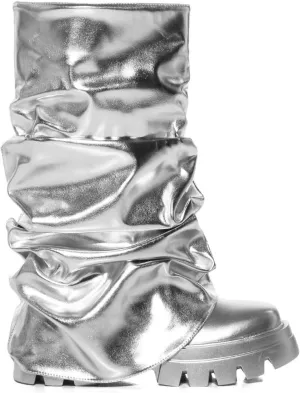 DETOGNI Women's Metallic Mid Calf Pull-On Fit Boots Scrunched Foldover Chunky Platform Sole Rounded Toe Booties