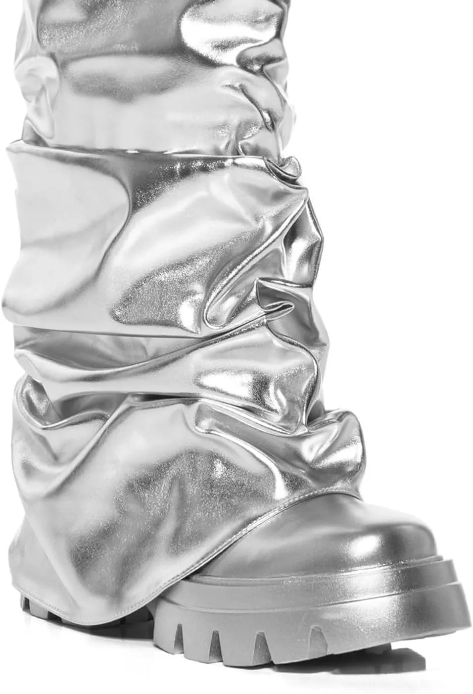 DETOGNI Women's Metallic Mid Calf Pull-On Fit Boots Scrunched Foldover Chunky Platform Sole Rounded Toe Booties