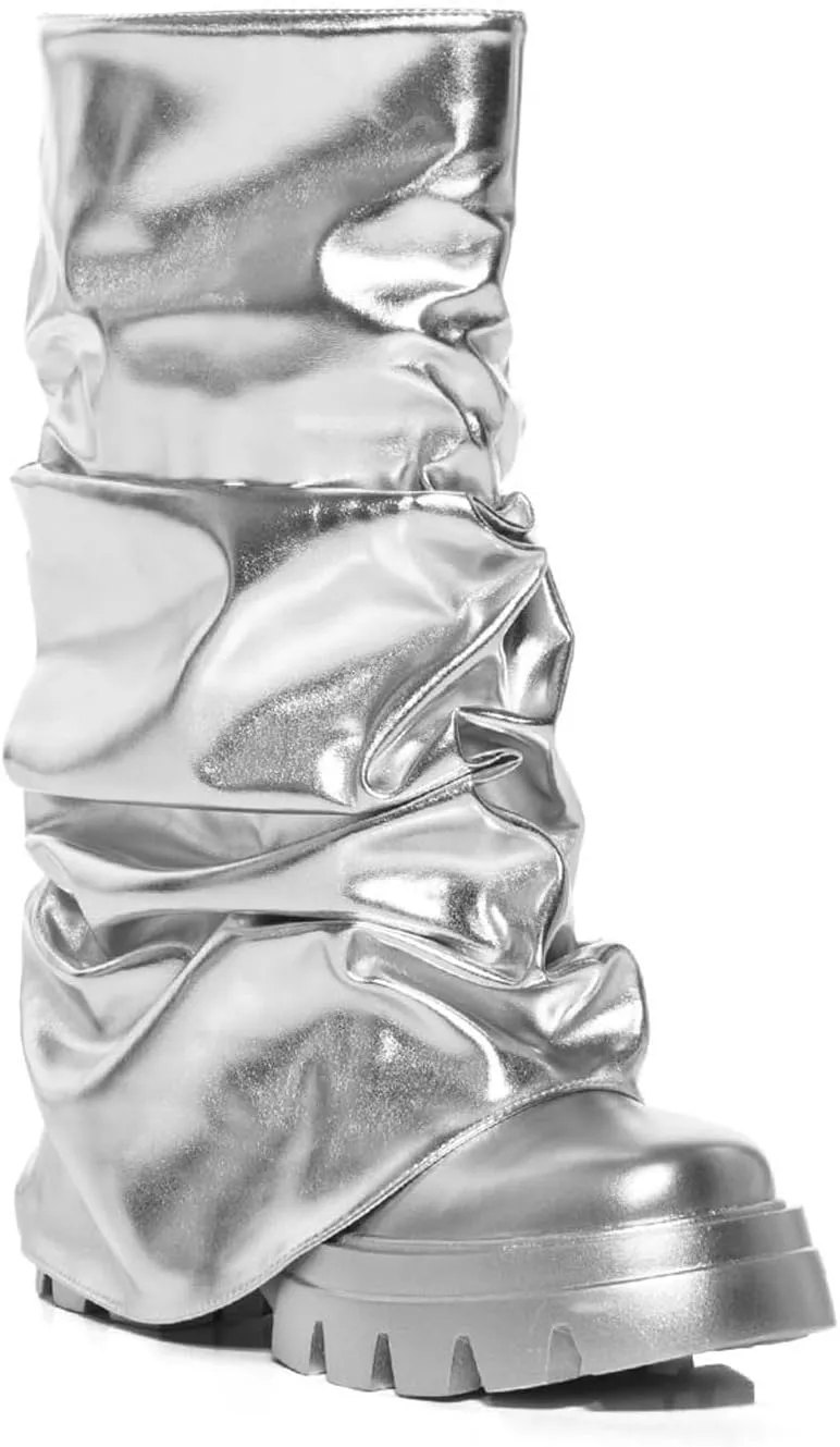 DETOGNI Women's Metallic Mid Calf Pull-On Fit Boots Scrunched Foldover Chunky Platform Sole Rounded Toe Booties