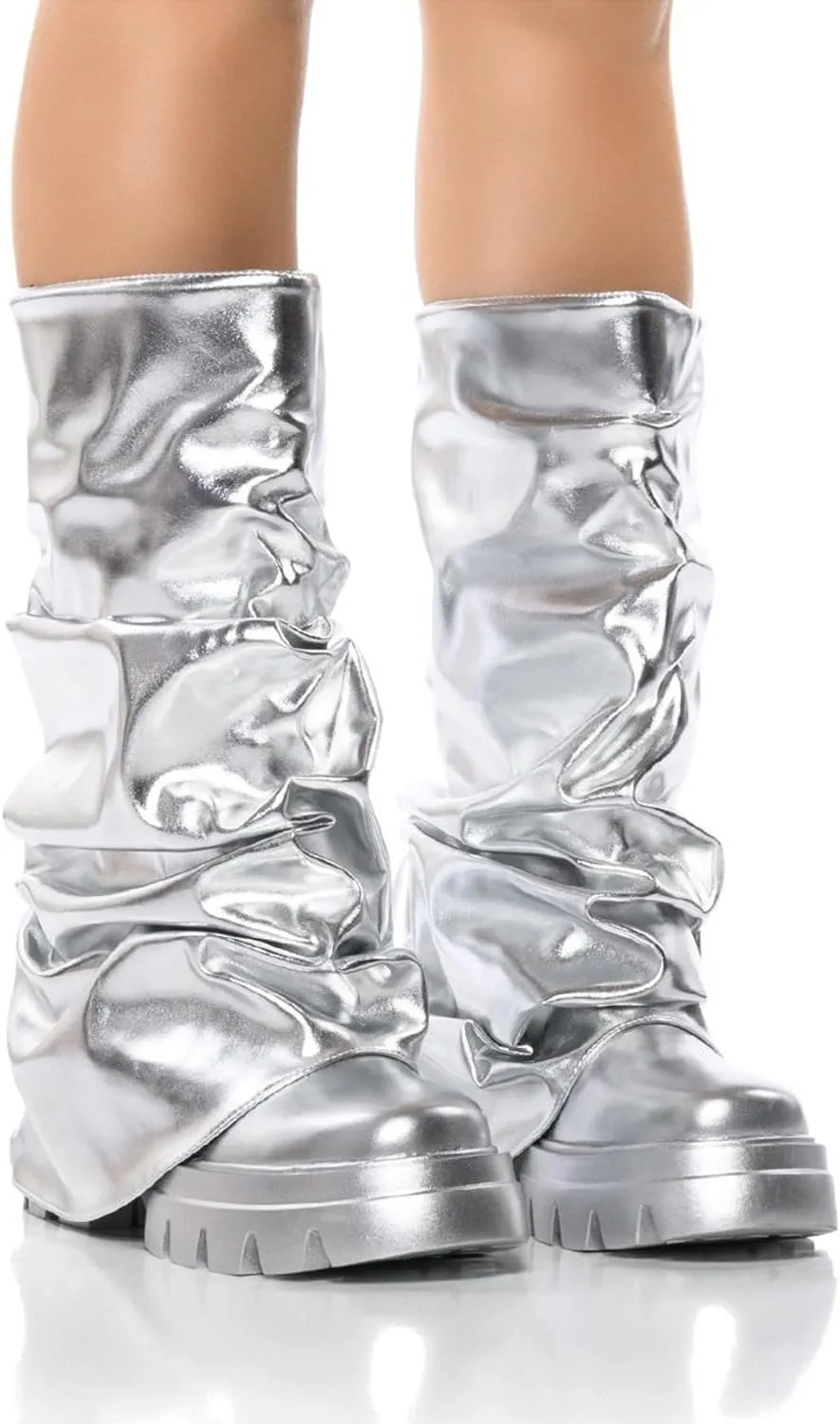 DETOGNI Women's Metallic Mid Calf Pull-On Fit Boots Scrunched Foldover Chunky Platform Sole Rounded Toe Booties