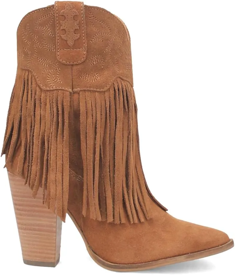Dingo Womens Crazy Train Fringe Embroidery Snip Toe Casual Boots Ankle High Heel 3" & Up - Brown