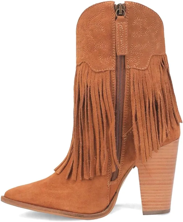 Dingo Womens Crazy Train Fringe Embroidery Snip Toe Casual Boots Ankle High Heel 3" & Up - Brown