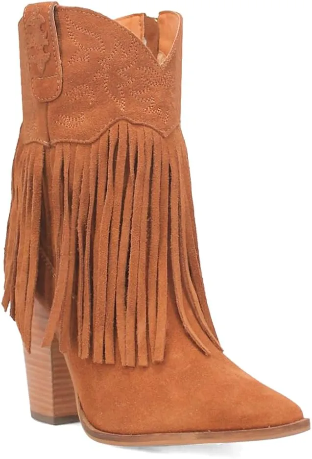 Dingo Womens Crazy Train Fringe Embroidery Snip Toe Casual Boots Ankle High Heel 3" & Up - Brown