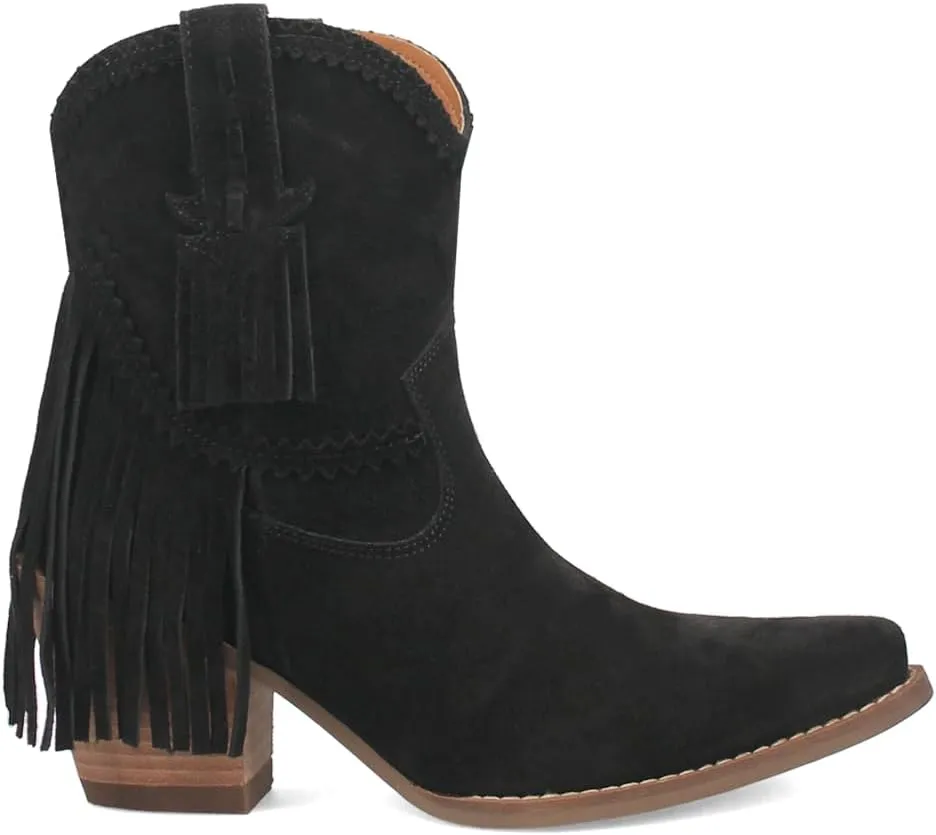 Dingo Womens Fandango Fringe Snip Toe Pull On Casual Boots Ankle High Heel 3" & Up - Black