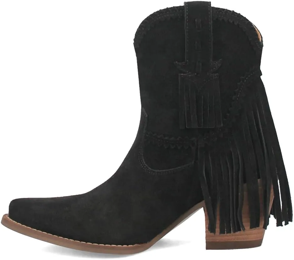 Dingo Womens Fandango Fringe Snip Toe Pull On Casual Boots Ankle High Heel 3" & Up - Black