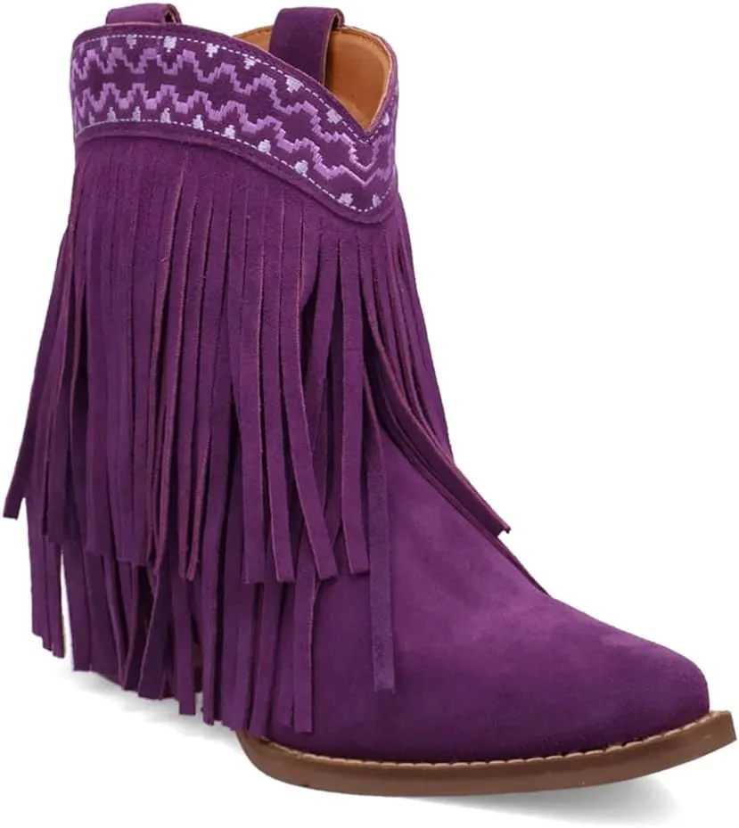 Dingo Womens Tapadero Southwest Fringe Snip Toe Casual Boots Mid Heel 2-3" - Purple