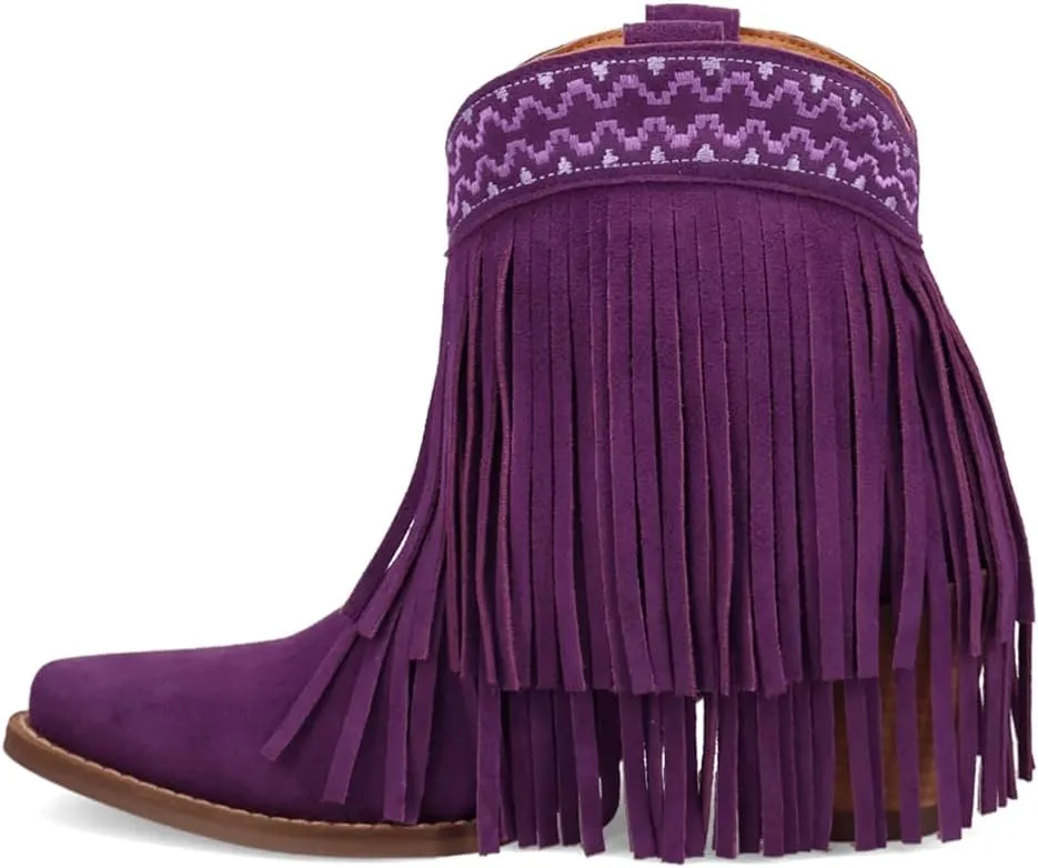 Dingo Womens Tapadero Southwest Fringe Snip Toe Casual Boots Mid Heel 2-3" - Purple