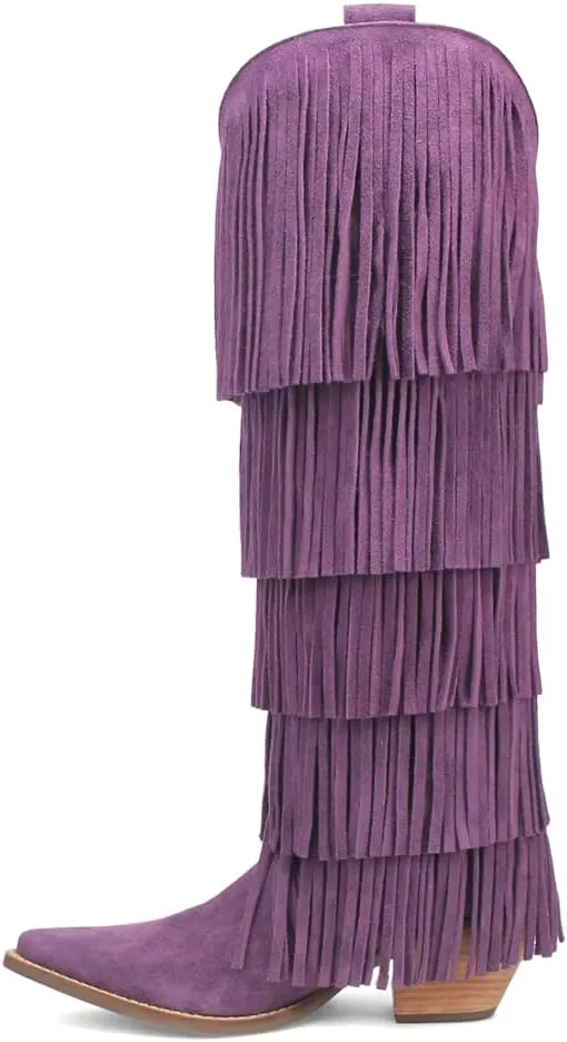 Dingo Womens Wild Child Fringe Snip Toe Pull On Casual Boots Over the Knee Mid Heel 2-3" - Purple